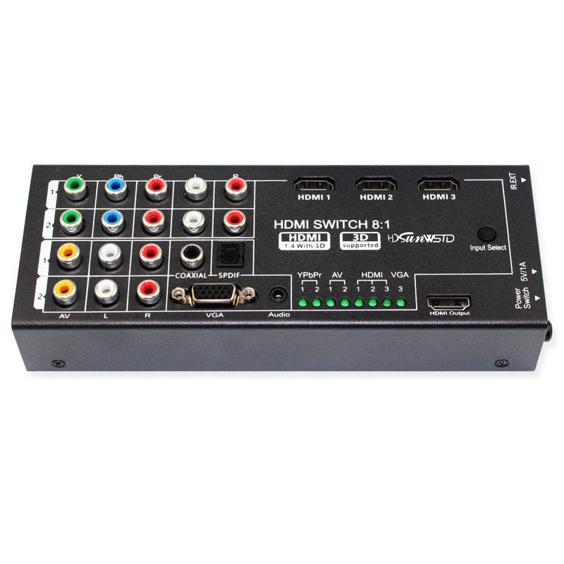 HDSUNWSTD Multi-Functional HDMI Converter with 8 Inputs (VGA + AV + Ypbpr Component + HDMI) to One HDMI Output,COAXIAL Output,SPDIF Output Supports HDMI v1.4 3D - Image 1